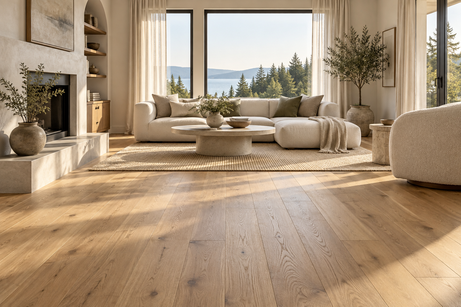 Bright living room with a warm oak floor